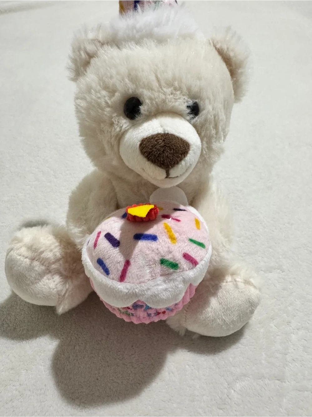 Cute White Birthday Teddy Bear Plush Holding Cupcake Stuffed Animal